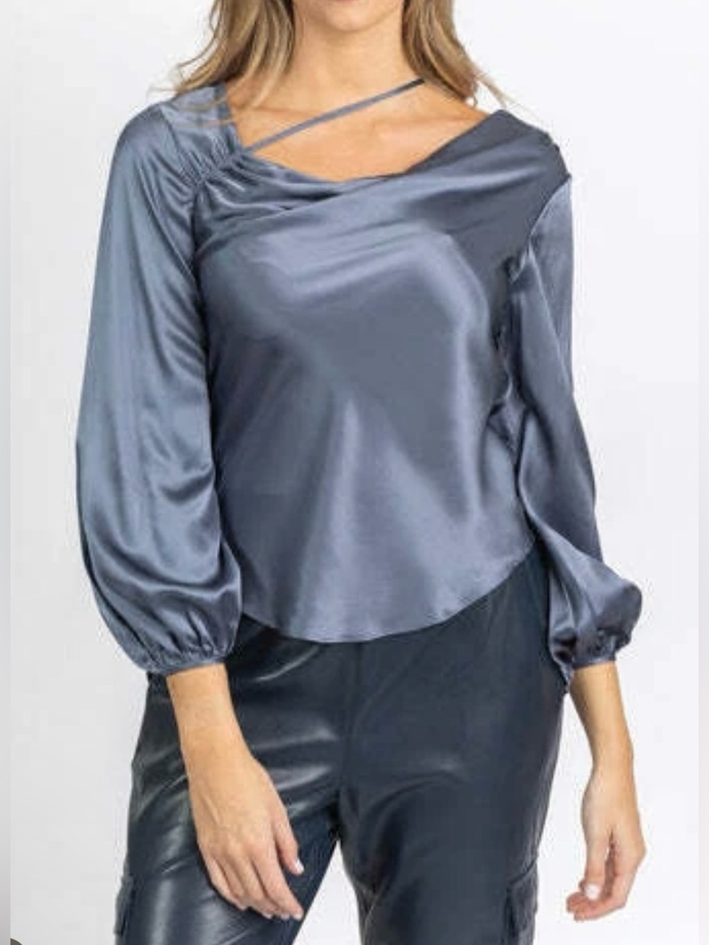 cinq a sept Gray Blue Silk Asymmetrical Neck Blouse - Size S